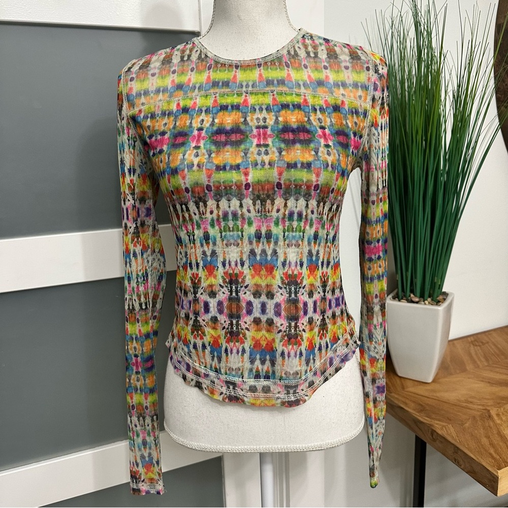 Natural Life Sloane Mesh Long Sleeve Tie Dye Top SZ Medium Multicolor Artsy